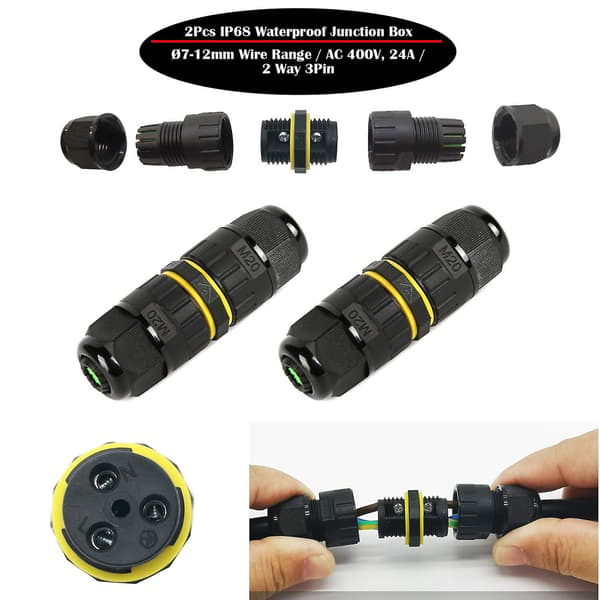 Vandtæt samledåse / 2 IP68 vandtætte kabelforbindelser / Ydre kappeforbindelse / Kabelforbindelse 10 mm maks / (3 ben)