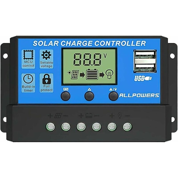 20A Solcellsladdningsregulator Smart Solpanel Regulator med USB-port Display 12V/24V,