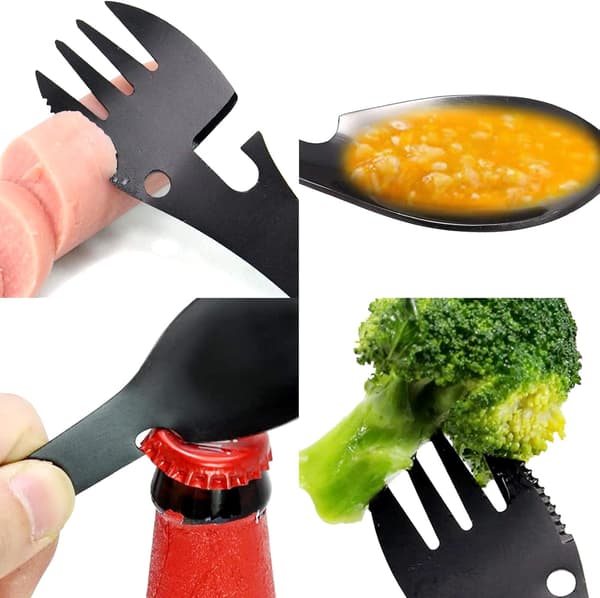 2-pack multifunktionell gaffelskedda i rostfritt stål, 5-i-1 camping