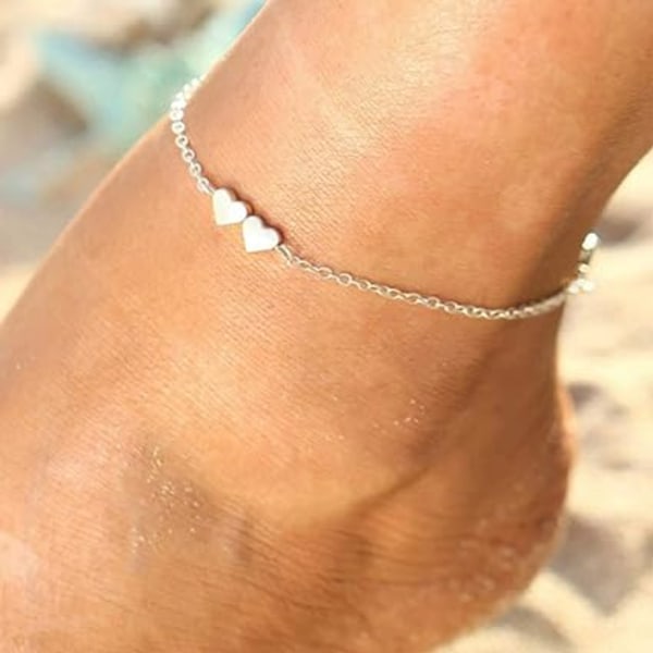 1 st (Silver) enkelskiktad enkelsträngad Twin Love Chain Boho Anklet