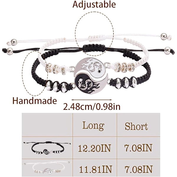 Lenkearmbånd for kvinner og menn, bestevenn-armbånd, 2 matchende Yin og Yang justerbare tauarmbånd for vennskap