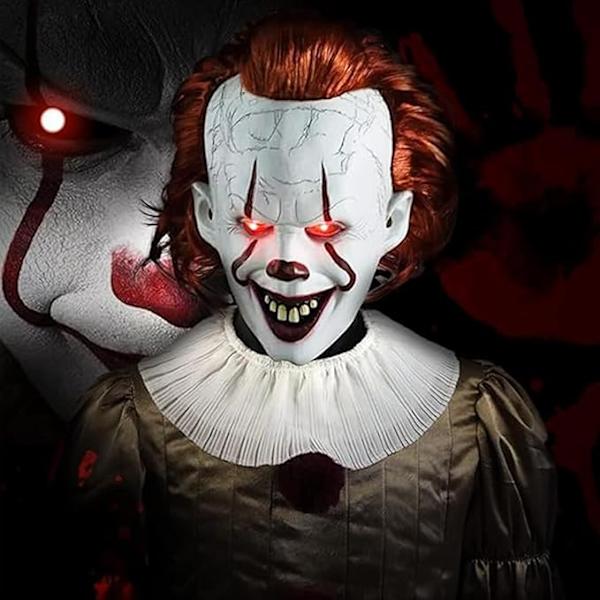 Halloween-klovnimaskeri, pitkä punainen ja vihreä hius, hymyilevä lateksi-maskeri, pelottava aikuisten naamiaisasu, Ac