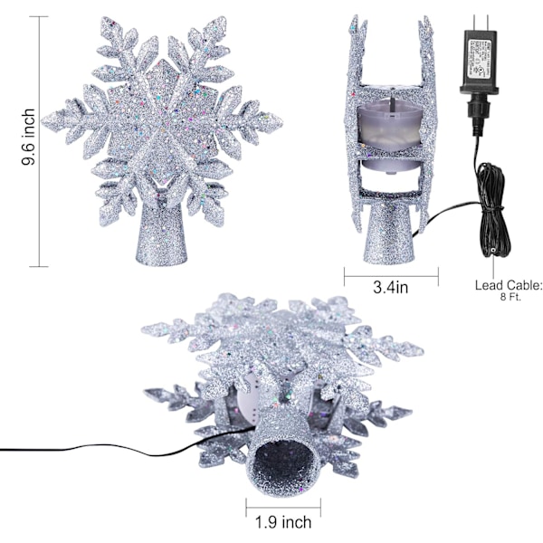 Joulukuusen huippu valaistulla sisäänrakennetulla LED-pyörivällä lumihiutaleen projektorilla, 9,6” ontto huippu