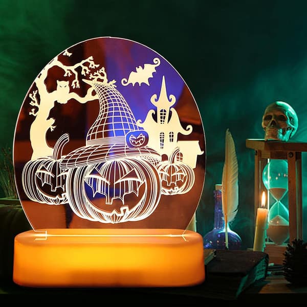 Halloween Bordlampe - Skelet Græskar Vognmand 3D LED Lys
