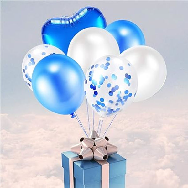 Blå ballongset, 48 färgglada konfettiballonger, band