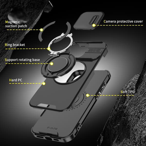 Magnetisk Ring Stativ Cover til iPhone 16 Pro Max med Skydeobjektivdæksel, Sort