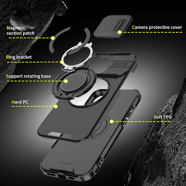 Magnetiskt Ringstativfodral för iPhone 16 Pro Max med Skjutbar Linskydd, Svart