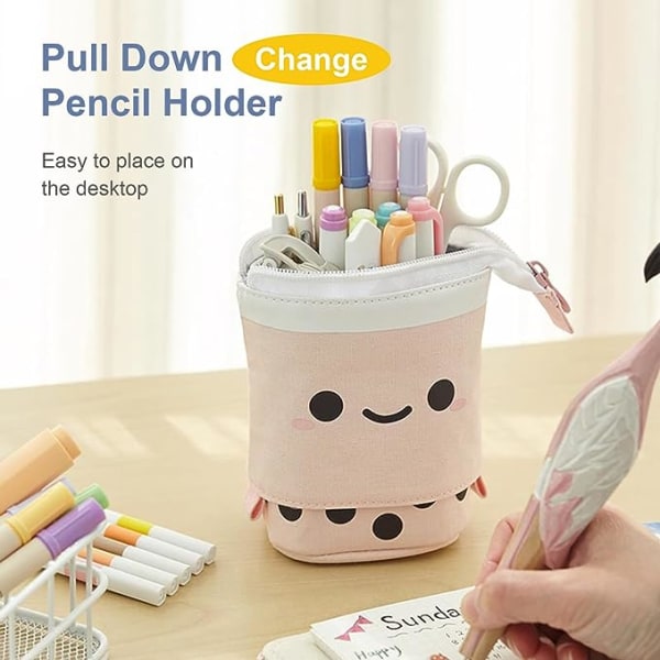 Durable Canvas Pink Retractable Pencil Case with Cute Milk Tea