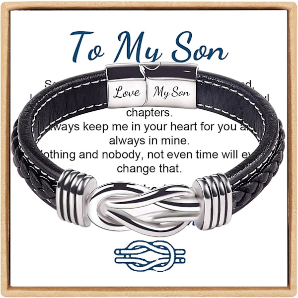 Till min son Armband, Forever Linked Together Flätad Läderarmband, Rostfritt Stål Magnetiskt Spänne Läder Knut Manschett Armband, Tillbaka till skolan Present