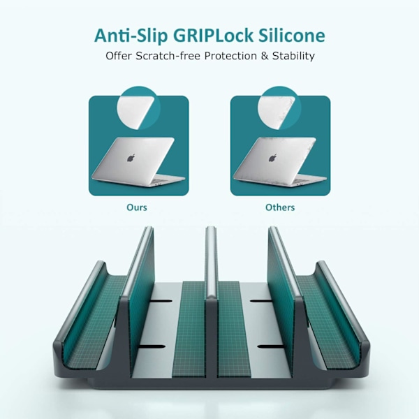 Vertikal bærbar computer stand - SPACEMax justerbar GRIPLock Anti-Tip silikone 4 slots aluminium skrivebordsstativ - dobbelt dock stand - 2 telefonslots passer til op til 17,3” bærbare computere, tablets, telefoner - grå