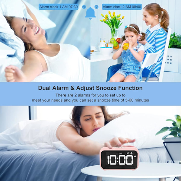 Väckarklocka, digital klocka med tupplurtimer, snooze, USB-driven klocka med dubbla alarm för sovrum, sängbord, kontor (rosa)