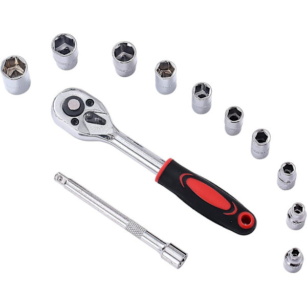 12-delt 1/4\" sokkelsett, 4-13 mm metrisk stasjon med 24-tenners hurtigutløser-skralle og 4\" forlengelsesstang, Auto Repair Garage Tool 420340