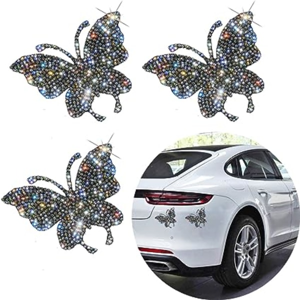 3 stk Krystall Sommerfugl Bilsticker, Glitrende Sommerfugl Krystall