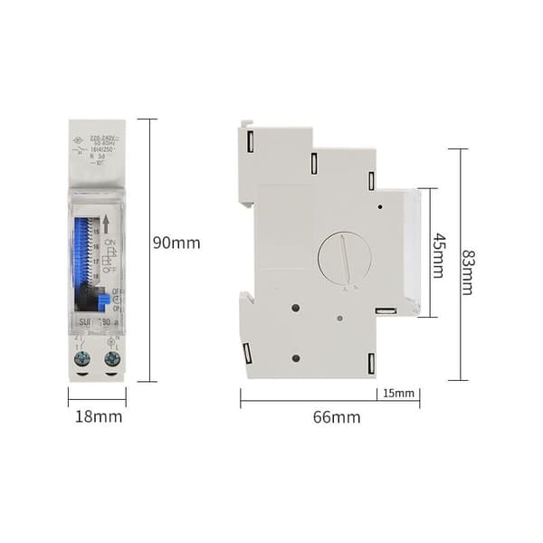 Mekanisk 24-timmars timer – 15-minuters programmering – DIN-skenemontering – Vattentätt skydd – Integrerat batteri – 230VAC 16A - AC220-240V