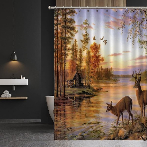 Bathroom Shower Curtain, Deer in River Forest Sunset River, 180