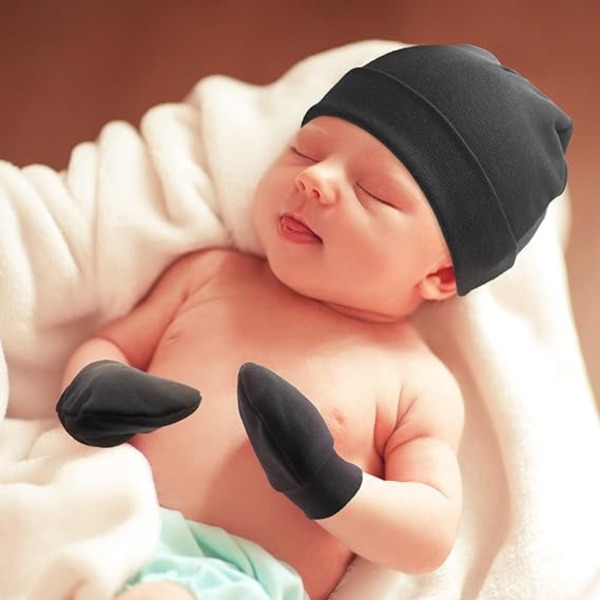 4 stk Babylue og Babyhansker 0 - 6 Måneder (Svart, Hvit, Grå,
