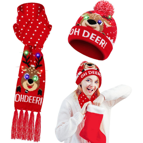 2 stk LED-lysende julehattlys skjerfsett Juleblinkende Beanie Cap Strikket skjerf til juleferie P