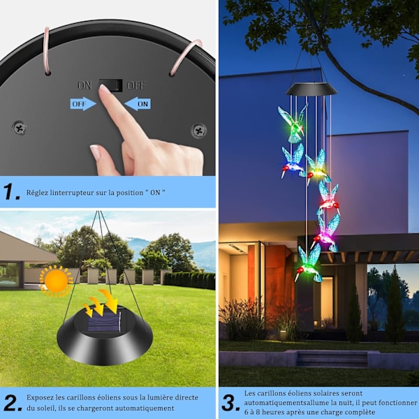 1 LED solcelled dørklokke udendørs vind, kolibri lysende dørklokke