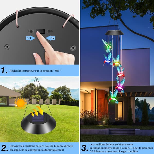 1 LED solcellsdörrklocka utomhus vind, kolibri ljus dörrklocka