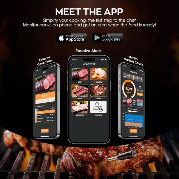 Trådlös Kötttermometer, Digital Mattermometer för Matlagning och Grillning, 360 ft Bluetooth Smart Kötttermometer