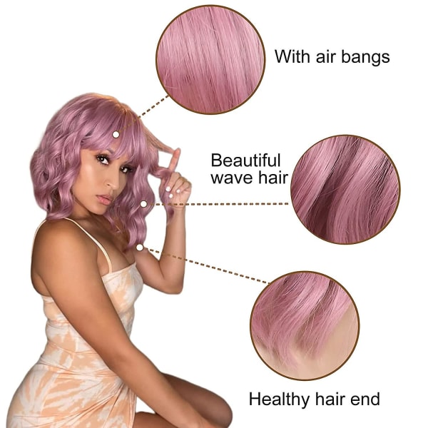 Kvinnors korta bob lila rosa peruker lockiga vågiga axellånga syntetiska cosplay peruk för flickor dagligt bruk färgglada peruker (12\", lila rosa)