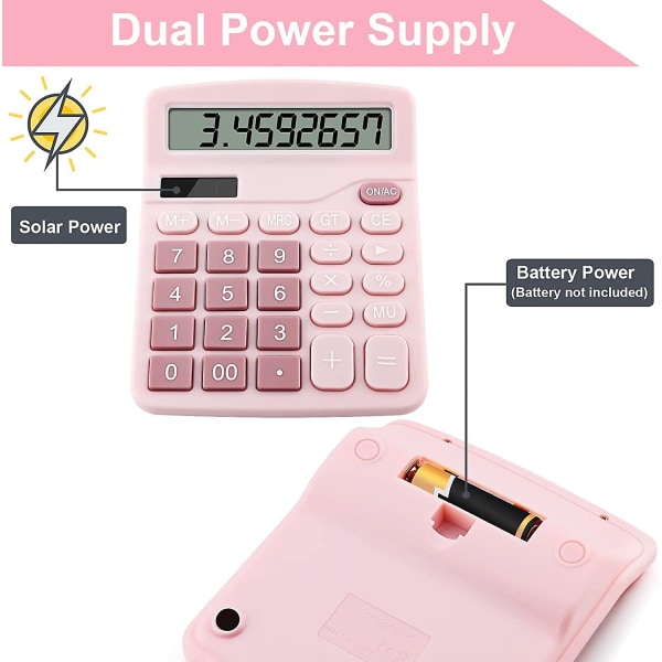 (Rose)Grande Calculatrice de Bureau de Base  Double Alimentation  12 Chiffres,Bureau de Base  Double Alimentation Solaire et  Batterie,l'cole,la Maiso