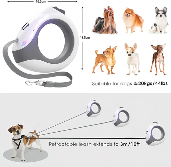 Rullbart hundkoppel, 3m rullbart koppel med LED-ficklampa,