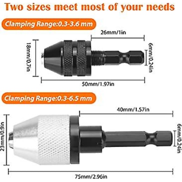 Nøglefri borepatron konverteringsværktøj, 2 stk. 1/4 tommer sekskant skaft nøglefri borepatron adapter, 0,3-6,5 mm & 0,3-3,6 mm hurtig skiftekonverter til mikrobor