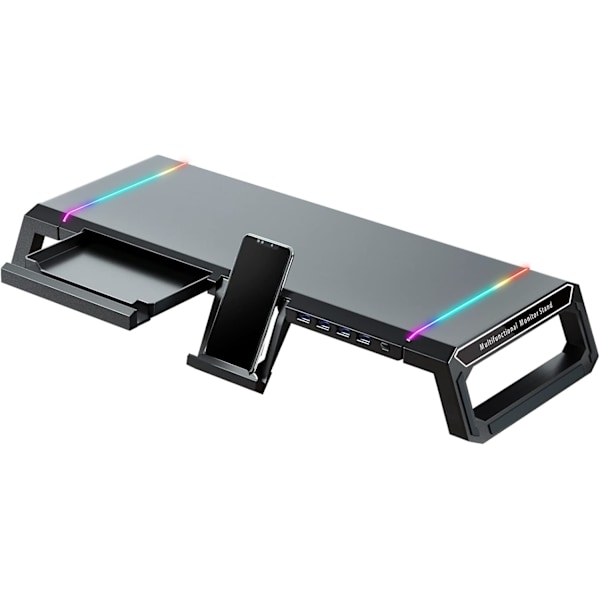 RGB Gaming Skærmbakke - 4 USB 3.0 Hub, 3 Justerbare Længder med Skuffe, Opbevaring og