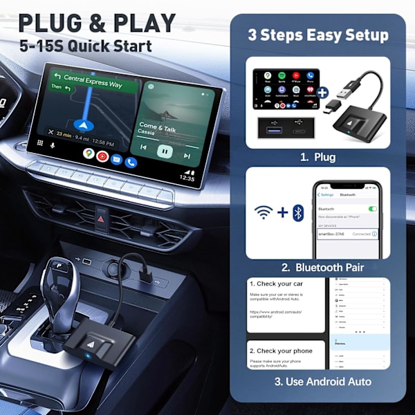 Trådlös Android Auto-adapter för bilar med fabriksmonterad Android Auto