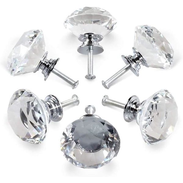 6 Krystallhåndtak, 30 mm diamantkrystall skuffeskapsdør