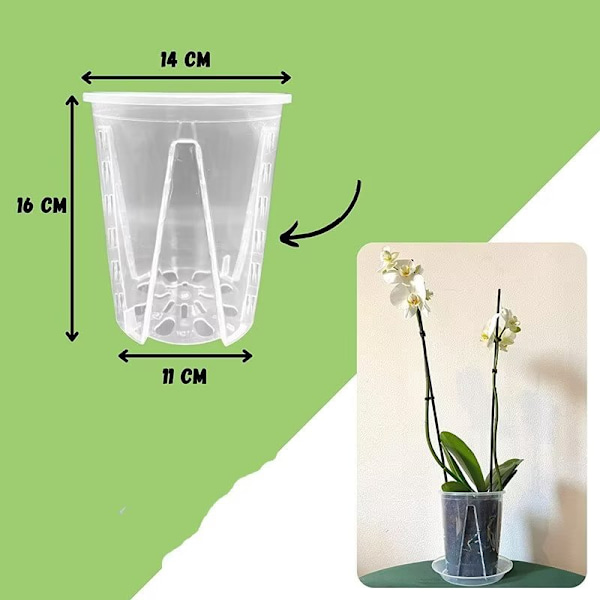 2 Krukor Diameter 14 cm i Transparent Plast för Orkidéer, Stiv