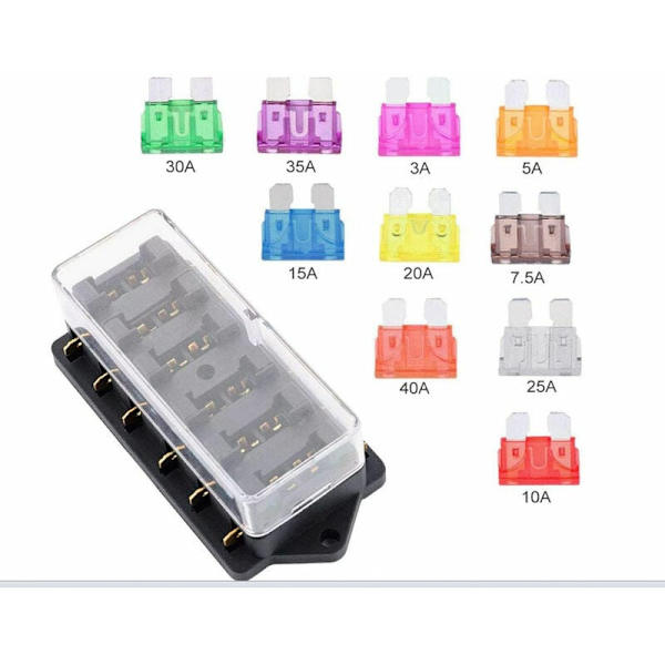 6-vejs bilsikringboks, 12V/24V/32V/48V universel standard bladfuse