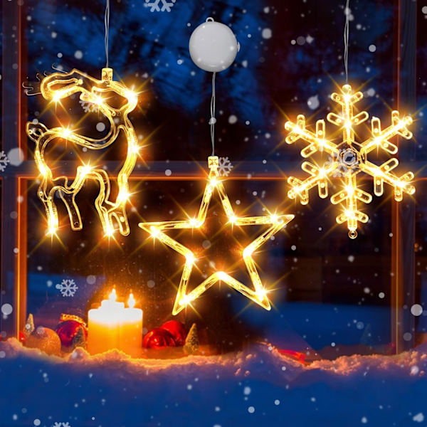 3 st julgransljus för fönster, juldekorationer för fönster, batteridrivna hängande julgransljus, snöflinga & stjärna