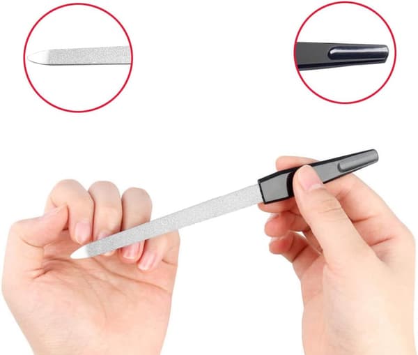 2 rustfrie stål neglfiler, plast håndtak, safir