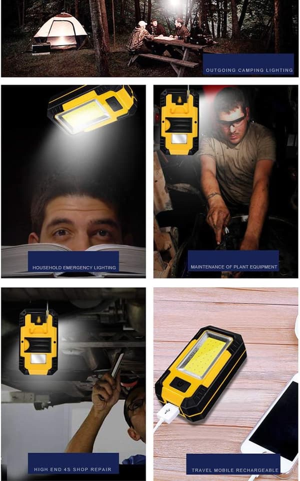 1 LED oppladbart arbeidslys med metallkrok, bærbart arbeidslys