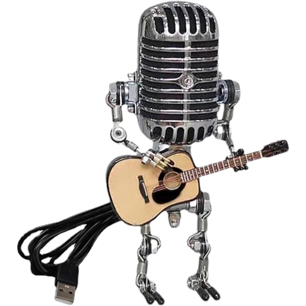 Vintage Mikrofon Guitar Robot Lampe med Dimmer, Cool Cute Retro Metal Mini Størrelse Nattelys Bordlampe Justerbar Lysstyrke