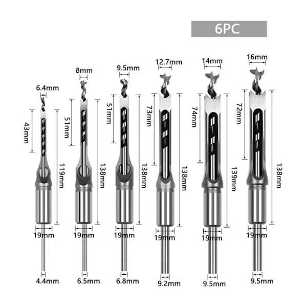 Sett med 6 firkantede hulltrebor, stål, hule meisler, verktøysett S