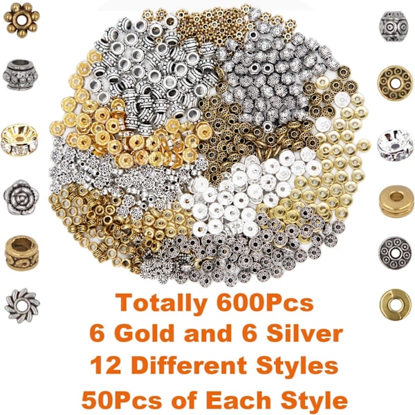 600 stk Avstandsperler Smykkeperle Charm Avstandstykker Legering Avstandsstykke