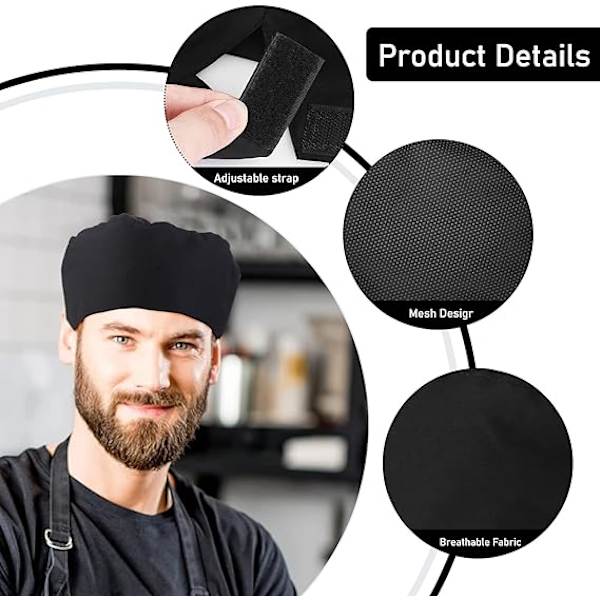 Set med 4 svarta kockmössor, justerbar köksmössa, elastiskt band