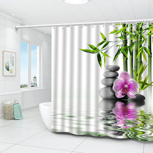 Zen Duschdraperier Grönt Bambu Lila Blomma Sten Reflektion W