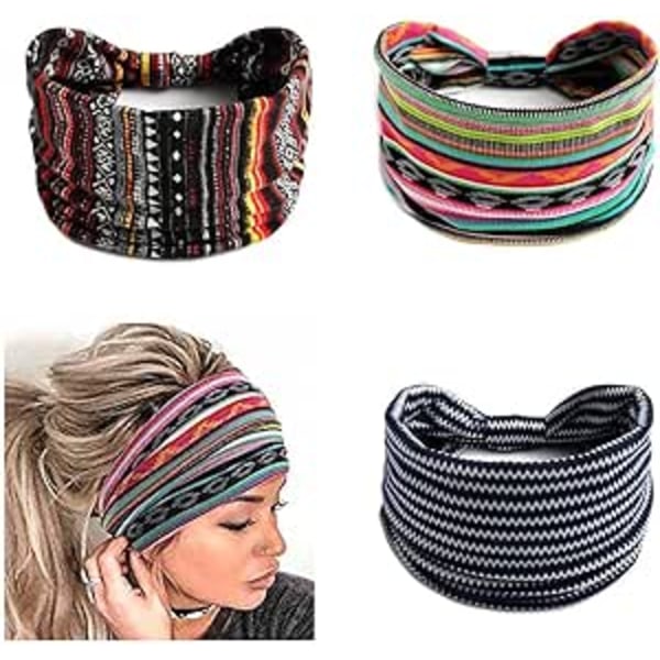 Boho Bred Stripade Hårband Svart Yoga Huvudscarf Knuten Turban