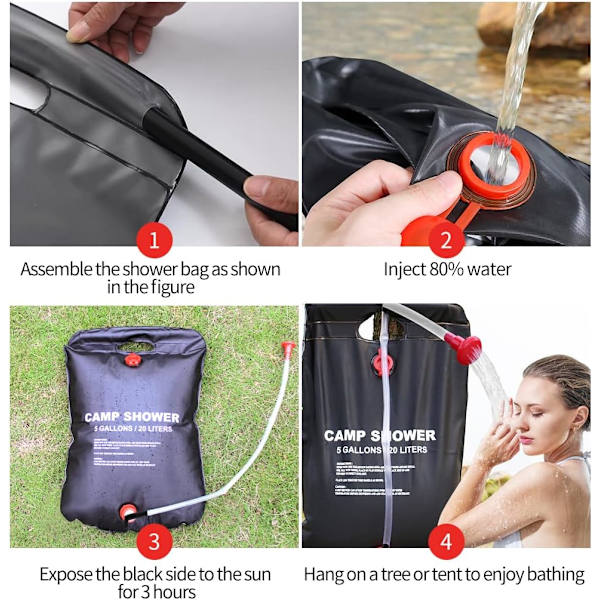 Solarduschväska, 1/2/4-pack 5 gallon/20L Campingduschväska, Bärbar Duschväska med Avtagbar Slang och På/Av-brytare