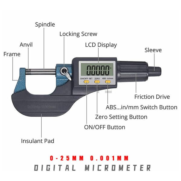 Elektronisk mikrometer Mikrometer Veggtykkelsesmikrometer Digitalt mikrometer 0-25mm 0.001MM