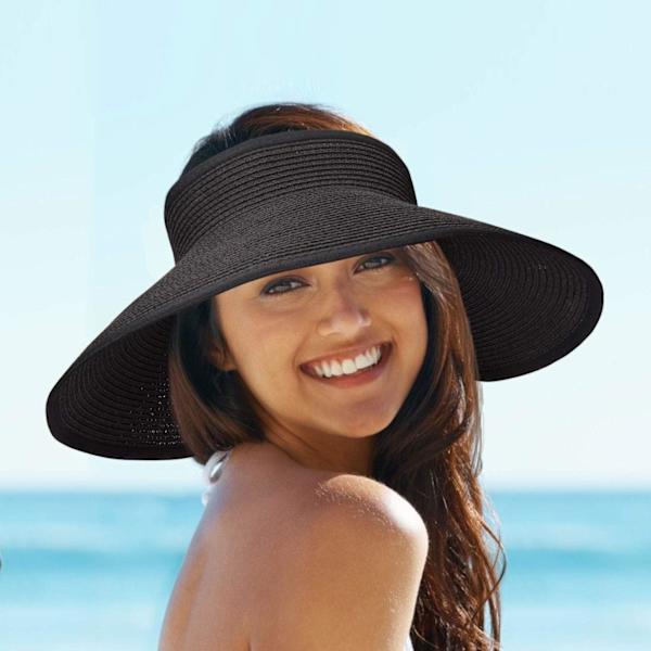 Foldbare solhatte af strå til kvinder, solbeskyttelse bredskygget solhatte justerbar topless strandhat, sort+beige