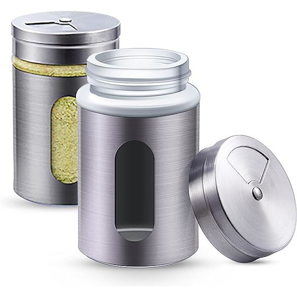 2 sølv rustfrit stål krydderidåser 60ml - med glasvisning