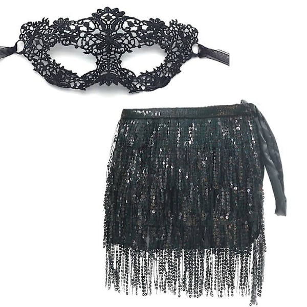 Sequin Lace Mask Skjørt, 4 Lag Sequin Fringe Skjørt og Venetiansk Maske, Sequin Oriental Dance Scarf og Maske, Sequin Fringe Skjørt Kvinders Sequin Skjørt