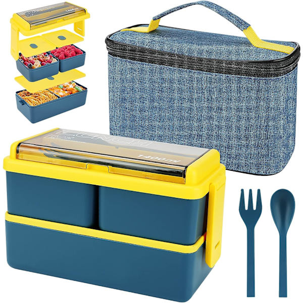 1400 ml Lunchbox med 3 fack (blå) - 2-lagers Bentobox med