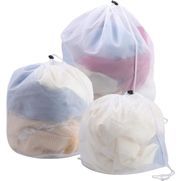 3-pakningsnettingsposer av finmasket polyester med snøring for undertøy,