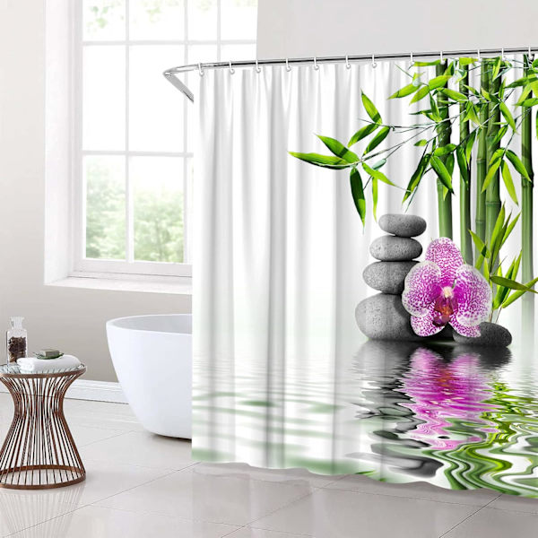 Zen Duschdraperier Grönt Bambu Lila Blomma Sten Reflektion W